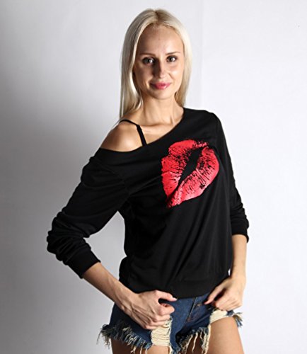 Cerui Mujeres Camisetas Sweatshirt Fuera del Hombro Manga Larga Sudaderas Tamaño L Rojo Negro