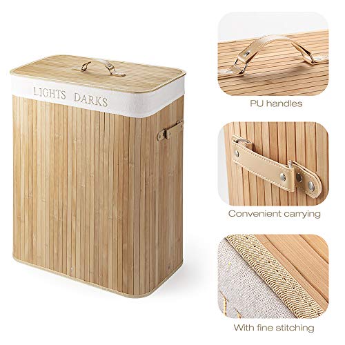 Cesto para la Colada de Bambú Cesto para Ropa Bambú 100 L Cestos para la Colada con Asas Cesta para Ropa Pelegable Saco extraíble para la Ropa Sucia con 2 Compartimentos Separados (Color madera)