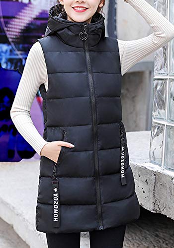 Chaleco Acolchado para Mujer Invierno Cremallera Chaqueta Sin Mangas Abajo Abrigos con Capucha Negro S