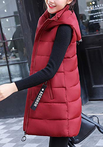 Chaleco Acolchado para Mujer Invierno Cremallera Chaqueta Sin Mangas Abajo Abrigos con Capucha Vino Rojo S