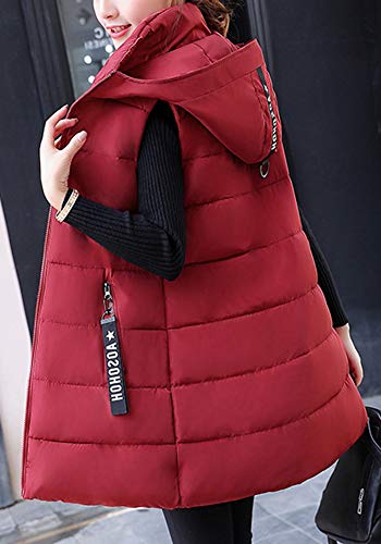 Chaleco Acolchado para Mujer Invierno Cremallera Chaqueta Sin Mangas Abajo Abrigos con Capucha Vino Rojo S