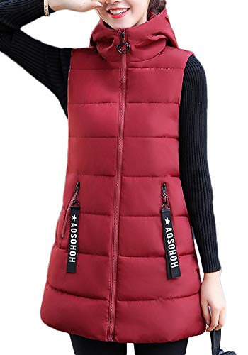 Chaleco Acolchado para Mujer Invierno Cremallera Chaqueta Sin Mangas Abajo Abrigos con Capucha Vino Rojo S