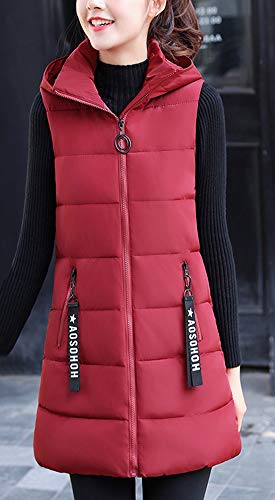 Chaleco Acolchado para Mujer Invierno Cremallera Chaqueta Sin Mangas Abajo Abrigos con Capucha Vino Rojo S