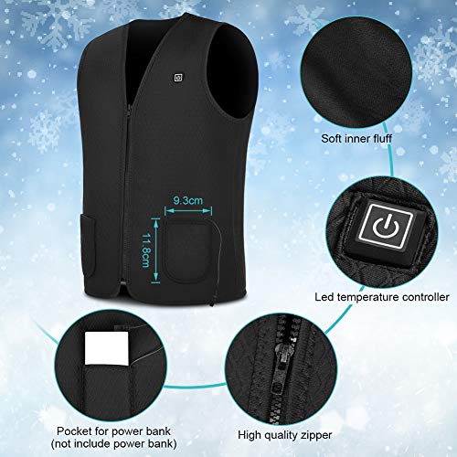 Chaleco Calefactable Lavable, Chaleco Calefactor de Invierno con Línea de Alimentación USB para Hombre y Mujer, Chaleco Térmico Eléctrico para Caza Cámping Excursionismo Esquí, Negro(L)