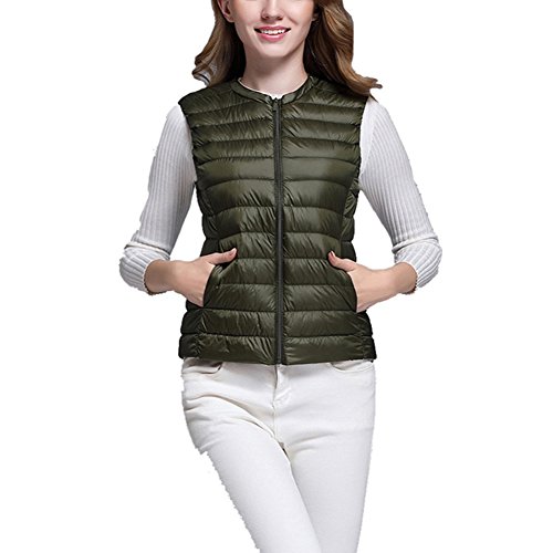Chaleco de Mujer Portátil Ligero Plegable de Pluma Sin Mangas Chaquetas de Plumón Verde del Ejército S