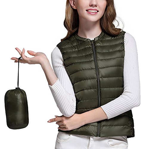 Chaleco de Mujer Portátil Ligero Plegable de Pluma Sin Mangas Chaquetas de Plumón Verde del Ejército S