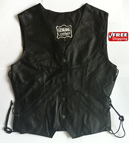 Chaleco de piel de vaca para mujer, con encaje, para motocicleta, motocicleta, motocicleta, Mujer, negro, large