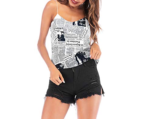 Chaleco sin Mangas con Cuello en V de Verano para Mujer con patrón de impresión de periódico de clavícula Moda Buen Partido