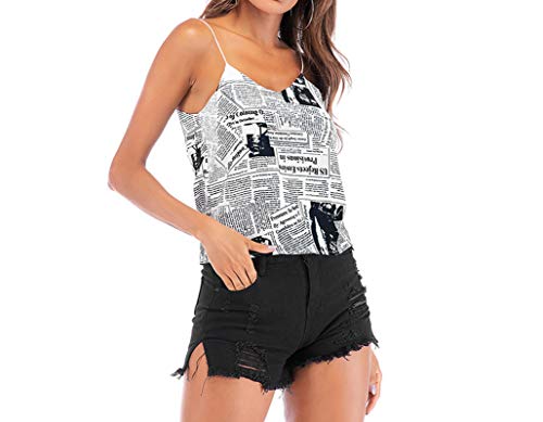 Chaleco sin Mangas con Cuello en V de Verano para Mujer con patrón de impresión de periódico de clavícula Moda Buen Partido