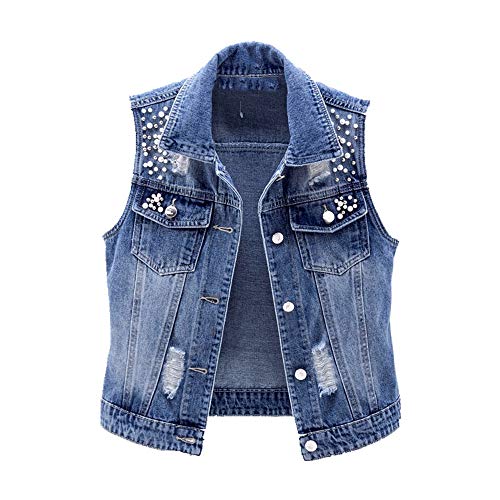 Chaleco sin mangas para mujer, de verano, de mezclilla, informal, corto, pantalones vaqueros con cuentas, con agujeros delgados