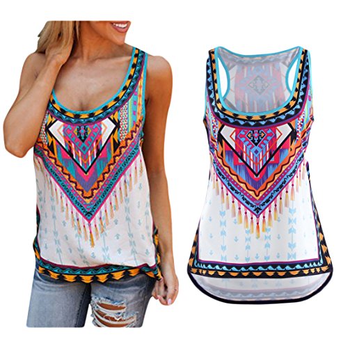 Chalecos Mujer Elegantes Cuello Redondo Suelto Sencillos Diario Hippie Estilo Etnico Estampadas Casual Verano Camisetas Sin Mangas Blusas Shirt Top (Color : Blanco, Size : S)