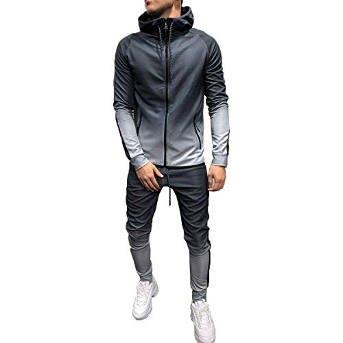 Chándal Completo de Hombre 2 Piezas Conjunto Ropa Chandal de Hombre Sudadera Cárdigan de Manga Larga con Capucha y Bolsillos + Pantalones Largos Casual Deportivo Primavera Otoño (Gris, XXL)