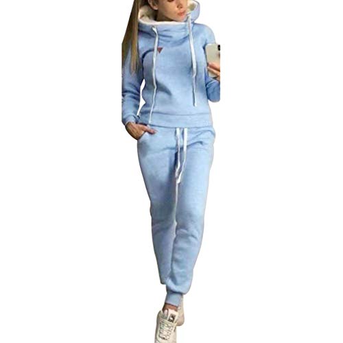 Chándal de 2 piezas para mujer, con manga larga, forro cálido, sudadera con capucha y pantalón deportivo de running, S-5XL azul claro L