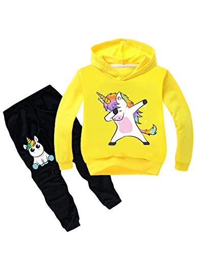 Chándal Niño Sudaderas con Capucha 3D Impresión Unisex Niña Chaqueta Sudaderas y Pantalones de Deporte Suéter Fresco Dibujos Unicornio de Fans Streetwear Jerseys (Amarillo, 140cm)