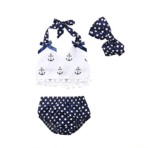 chaochao - Conjunto de 3 piezas de verano para bebé y niña, con flecos, diseño de ancla + pantalón corto de lunares + diadema para el cabello azul 0-6 Meses