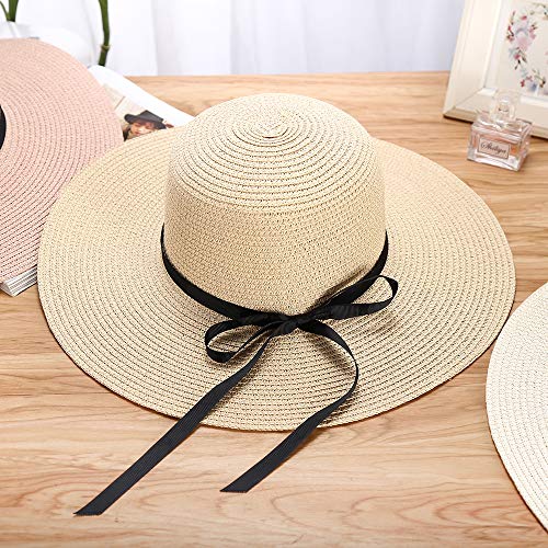 Chapter Seven Sombrero del Sol de Las Mujeres Floppy Plegable Bowknot Large Wide Brim Sombrero de Paja Summer Beach Cap Protección UV UPF50