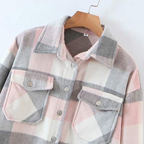 Chaqueta a Cuadros para Mujer con Botones Chaqueta Transición Sobrecamisa Cuadros con Bolsillos Camisa Ligera Manga Larga Estilo Boyfriend Otoño Moderno (Grey Pink, M)