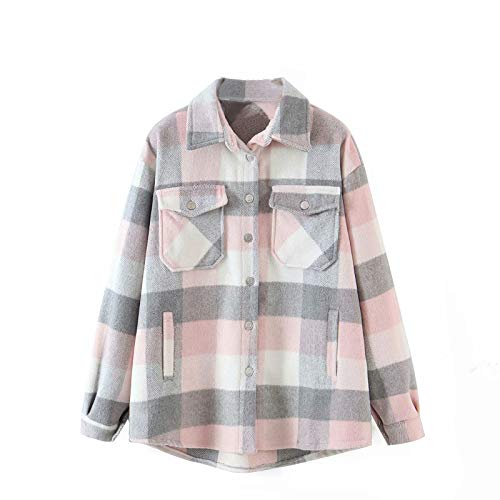 Chaqueta a Cuadros para Mujer con Botones Chaqueta Transición Sobrecamisa Cuadros con Bolsillos Camisa Ligera Manga Larga Estilo Boyfriend Otoño Moderno (Grey Pink, M)