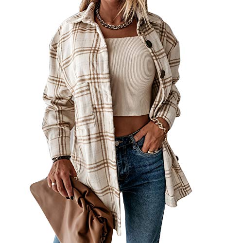 Chaqueta a Cuadros para Mujer con Botones Chaqueta Transición Tamaño Grande Sobrecamisa Cuadros con Bolsillos Camisa Ligera Manga Larga Estilo Boyfriend Otoño (Beige, S)