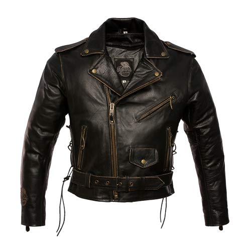 Chaqueta de moto de cuero envejecido de gran calidad,modelo AGUILA by Iguana Custom Collection cruzada con grabado, protecciones homologadas y forro térmico desmontable. (2XL)