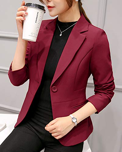 Chaqueta de Traje,Mujeres Color Sólido Corto Oficina Carrera Blazers Vino Rojo M