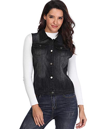 Chaqueta Mezclilla de Mujer Chaleco Jean Negro Bolsillos Occidentales con Botones de Pecho Abotonado Collar sin Mangas - M