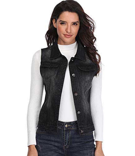 Chaqueta Mezclilla de Mujer Chaleco Jean Negro Bolsillos Occidentales con Botones de Pecho Abotonado Collar sin Mangas - M
