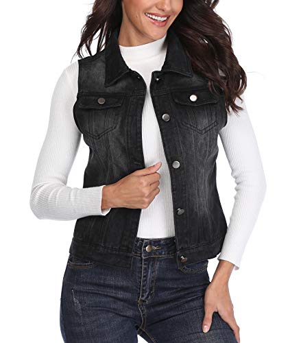Chaqueta Mezclilla de Mujer Chaleco Jean Negro Bolsillos Occidentales con Botones de Pecho Abotonado Collar sin Mangas - M