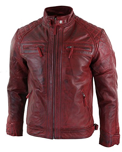 Chaqueta para hombre de cuero suave 100 % auténtico de estilo motero retro rojo XXXL