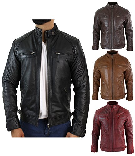 Chaqueta para hombre de cuero suave 100 % auténtico de estilo motero retro rojo XXXL