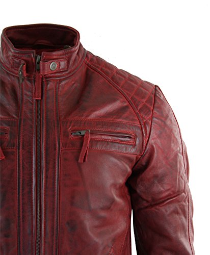 Chaqueta para hombre de cuero suave 100 % auténtico de estilo motero retro rojo XXXL