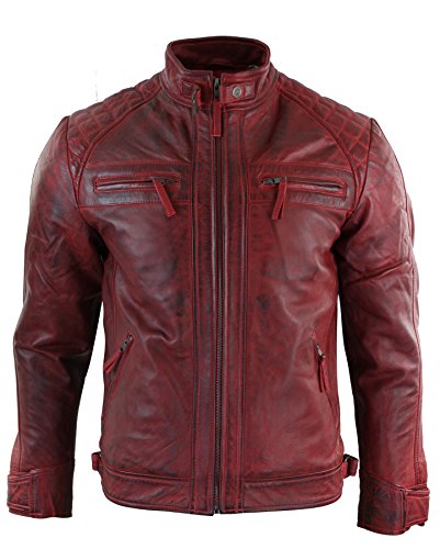 Chaqueta para hombre de cuero suave 100 % auténtico de estilo motero retro rojo XXXL