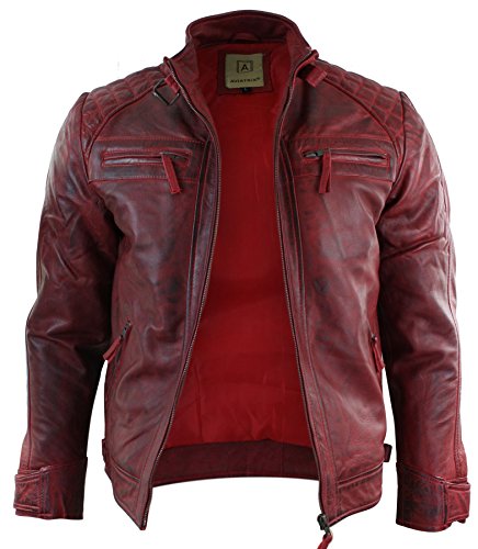 Chaqueta para hombre de cuero suave 100 % auténtico de estilo motero retro rojo XXXL