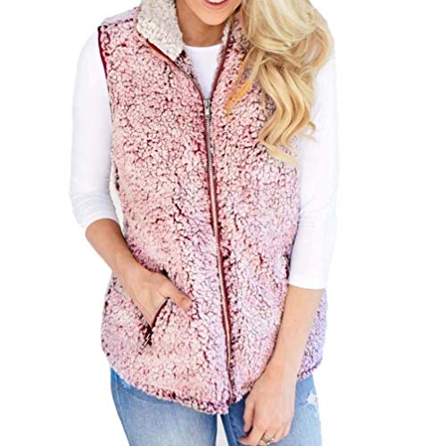Chaquetas Mujer Otoño Invierno Elegantes Termica Polares Chalecos De Piel Casuales Modernas Casual con Cremallera Sin Mangas Fashion Piel Sintética Outerwear Mujer Chaleco (Color : Rosa, Size : SG)