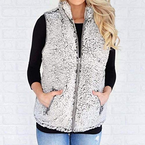 Chaquetas Mujer Otoño Invierno Elegantes Termica Polares Chalecos De Piel Sin Mangas con Cremallera Casuales Ropa Fashion Piel Sintética Outerwear Mujer Chaleco (Color : Grau, Size : L)