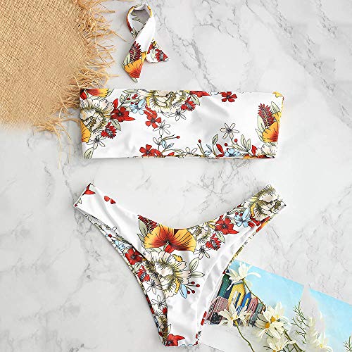 CHARMMA Conjunto de Bikini Estampado Bandeau con Nudo Delantero Dos Piezas Set Traje de Baño Verano 2019 Blanco L
