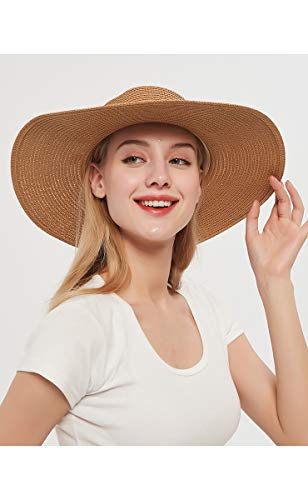 Charmylo Sombreros de Paja para Mujer Sombrero de Sol Gorra de Playa con Cinta de Concha y Correa para la Barbilla - UPF50 Ajustable y Empacable Mujer Sombrero de Verano Fedora Trilby