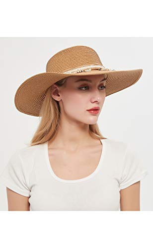 Charmylo Sombreros de Paja para Mujer Sombrero de Sol Gorra de Playa con Cinta de Concha y Correa para la Barbilla - UPF50 Ajustable y Empacable Mujer Sombrero de Verano Fedora Trilby