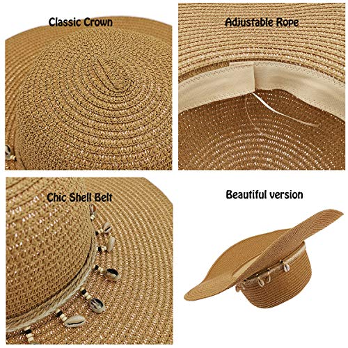 Charmylo Sombreros de Paja para Mujer Sombrero de Sol Gorra de Playa con Cinta de Concha y Correa para la Barbilla - UPF50 Ajustable y Empacable Mujer Sombrero de Verano Fedora Trilby