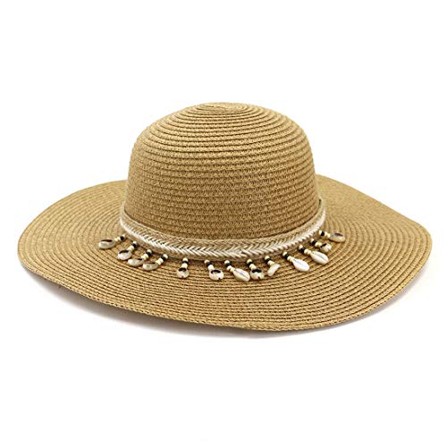 Charmylo Sombreros de Paja para Mujer Sombrero de Sol Gorra de Playa con Cinta de Concha y Correa para la Barbilla - UPF50 Ajustable y Empacable Mujer Sombrero de Verano Fedora Trilby