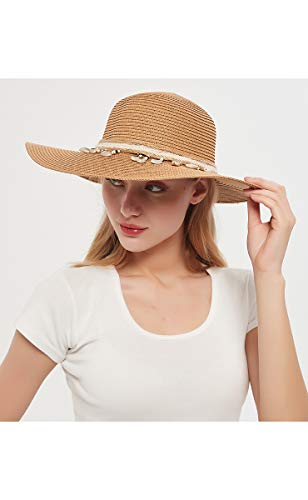 Charmylo Sombreros de Paja para Mujer Sombrero de Sol Gorra de Playa con Cinta de Concha y Correa para la Barbilla - UPF50 Ajustable y Empacable Mujer Sombrero de Verano Fedora Trilby