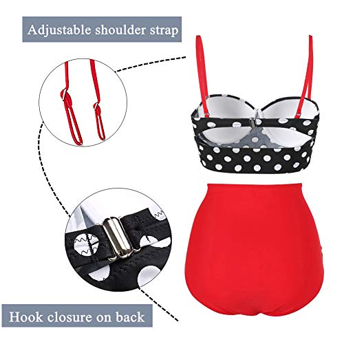 ChayChax Mujer Bikinis de Dos Piezas Conjuntos Retro Polka Punto Traje de Baño Cintura Alta, Punto Negro + Rojo, Talla 2XL