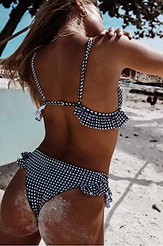 CheChury 2021 Mujer Conjuntos De Bikini De Talle Alto Volantes Dos Piezas Traje de baño Brasileños Halter Push up Acolchado Tartán Cuello V BañadorAs Triángulo Relleno