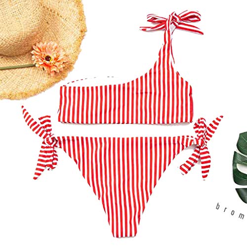 CheChury Bikini Mujer Moda Conjuntos De Bikini Rayas Talle Alto Retro Brasileños Mujer Sexy Traje De Baño Cuello Halter Strapless Off Shoulder Push-Up Bikini Acolchado Bra