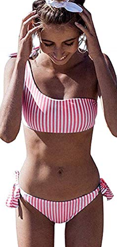 CheChury Bikini Mujer Moda Conjuntos De Bikini Rayas Talle Alto Retro Brasileños Mujer Sexy Traje De Baño Cuello Halter Strapless Off Shoulder Push-Up Bikini Acolchado Bra