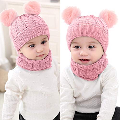 CheChury Conjunto de Bufanda y Gorro de Punto Unisex Niños Niñas Invierno cálido Punto Beanie Gorros con Pompon Bufanda de Punto Cuello Redondo Bebé