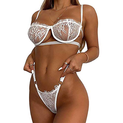 CheChury Lencería Sexy Erotica Babydoll Encaje Conjunto Lencería para Mujer G-String Ropa de Dormir Sujetador y Tanga Transparente Encaje Ropa Interior