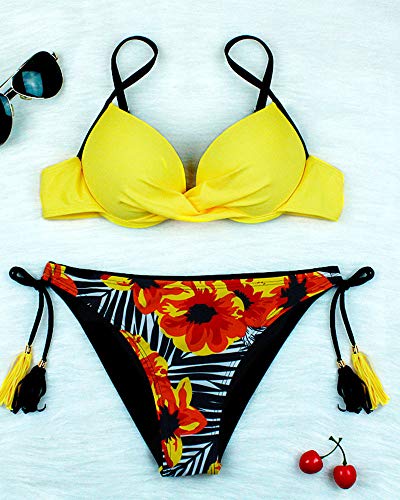 CheChury Mujer Cintura Baja Trajes de Baño Bikini Push Up Escotado por Detrás Frente Torcer Tops y Borla Impresión Triángulo Tanga Conjunto de Bikini