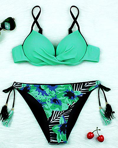 CheChury Mujer Cintura Baja Trajes de Baño Bikini Push Up Escotado por Detrás Frente Torcer Tops y Borla Impresión Triángulo Tanga Conjunto de Bikini