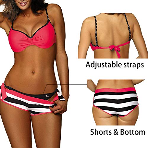 CheChury Mujer Conjuntos De Bikini Cuello Hálter Push up Trajes de Baño de Tres Piezas con Bañador Natacion Shorts Tangas Retorcido Bikini para Damas